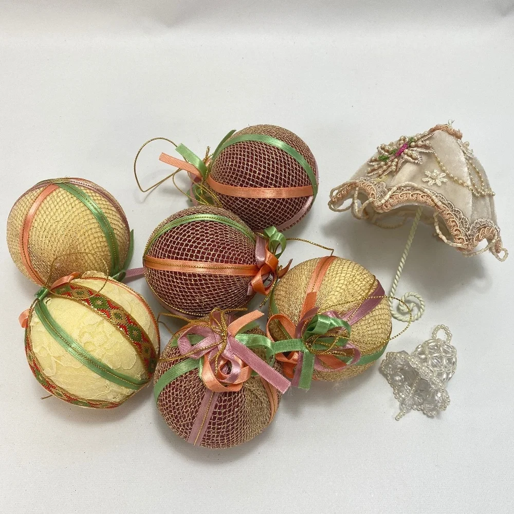 Victorian Ribbon Mesh Christmas Ornaments 6 Balls 1 Umbrella 1 Small Beaded Bell